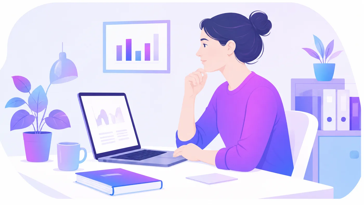 Illustration : une dirigeante consulte un tableau de bord sur son ordinateur