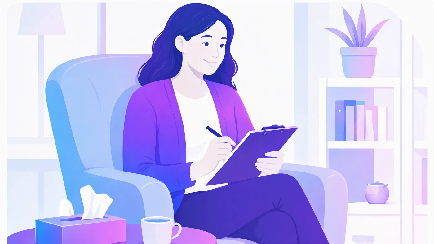 Illustration : une psychologue prend des notes dans son cabinet